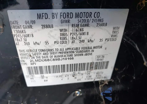 2009 Lincoln Mkx z USA, uszkodzony, nr VIN 2LMDU68C89BJ10166